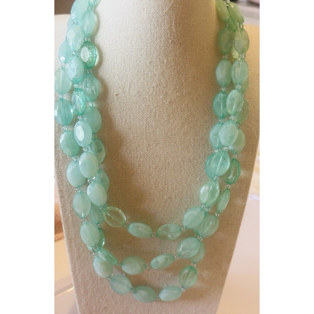 Vintage Aqua Seafoam Green 3 Strand Statement Necklace Faceted Marbled Beads